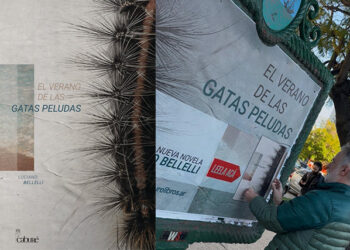 Luciano Bellelli invita a leer gratis su nueva novela en un cartel de vía pública. 